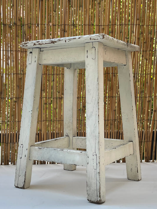 Vintage houten kruk uit Frankrijk - wit